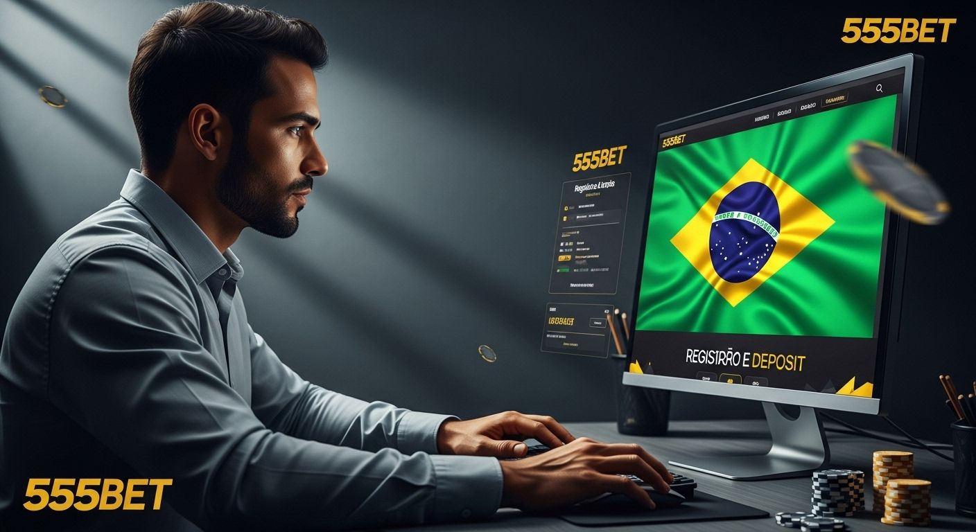 Crie uma imagem sobre o tema: Jogador sorridente recebe ajuda amigável de um agente de suporte usando um fone de ouvido. 555bet em português para jogadores do Brasil. Use a bandeira do Brasil.